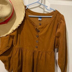 Girls cafe / brown long puff sleeve, tiered, corduroy dress